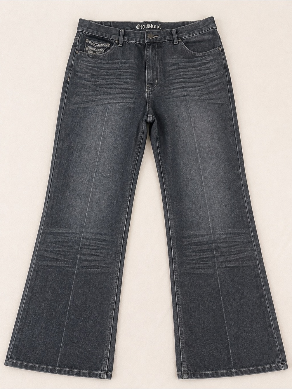 Old Skool Y2K Embroidered Black Gray Baggy Bootcut Jeans 40x32